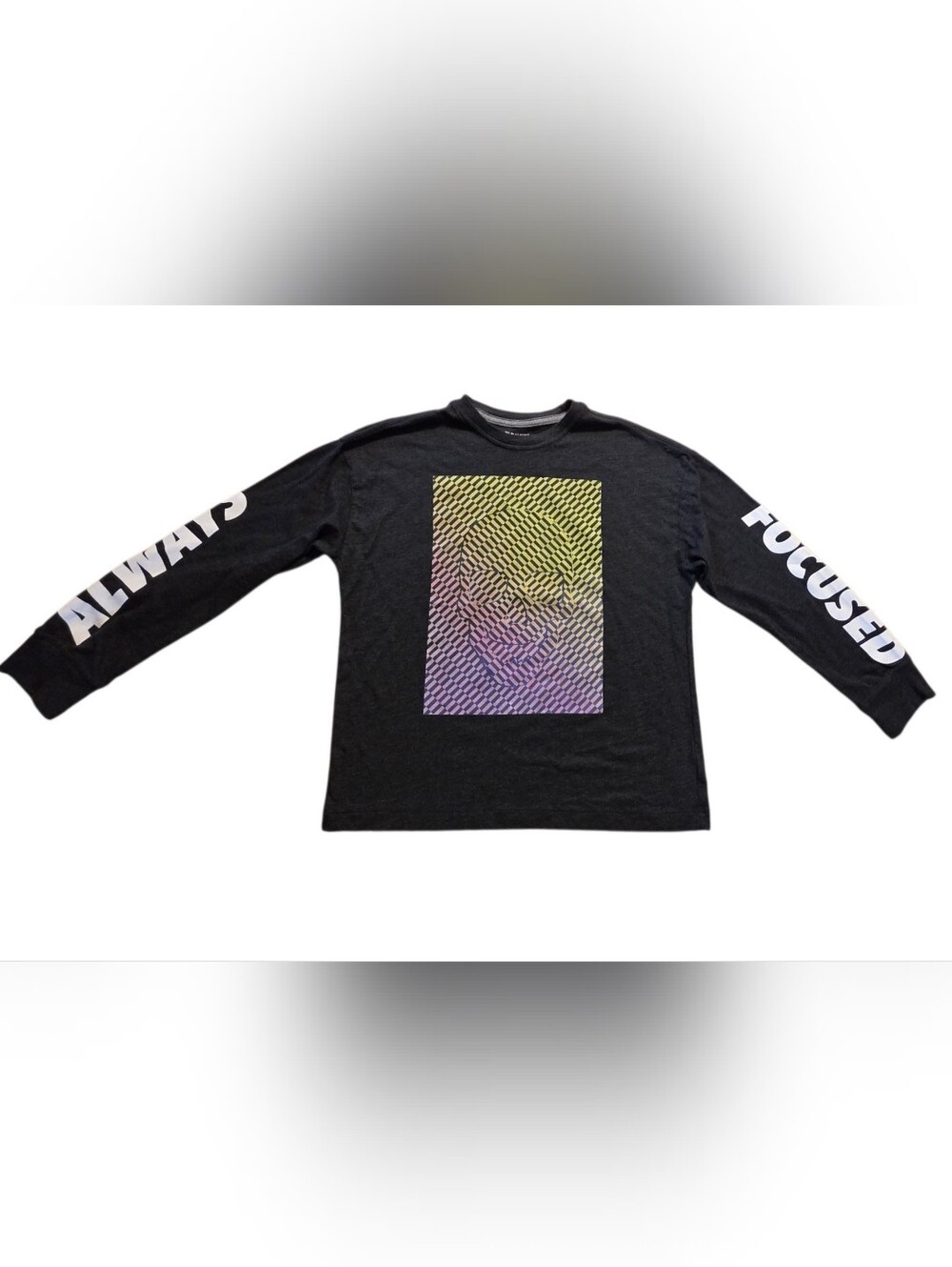Old Navy Black Long-Sleeve Graphic Tee with Yellow-Purple Fade Print